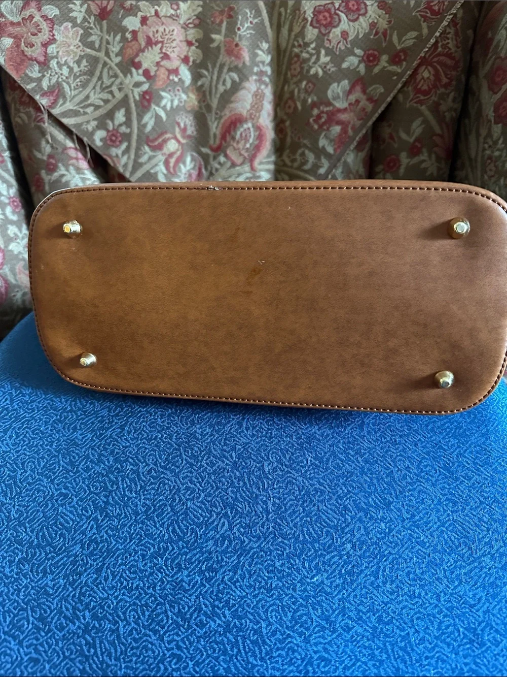 Brown Patterned Dome Satchel Handbag with Tan Trim